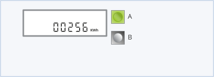 Electricity smart meter with a green A button and grey B button to the right of the screen. The screen shows 00256 KWH.